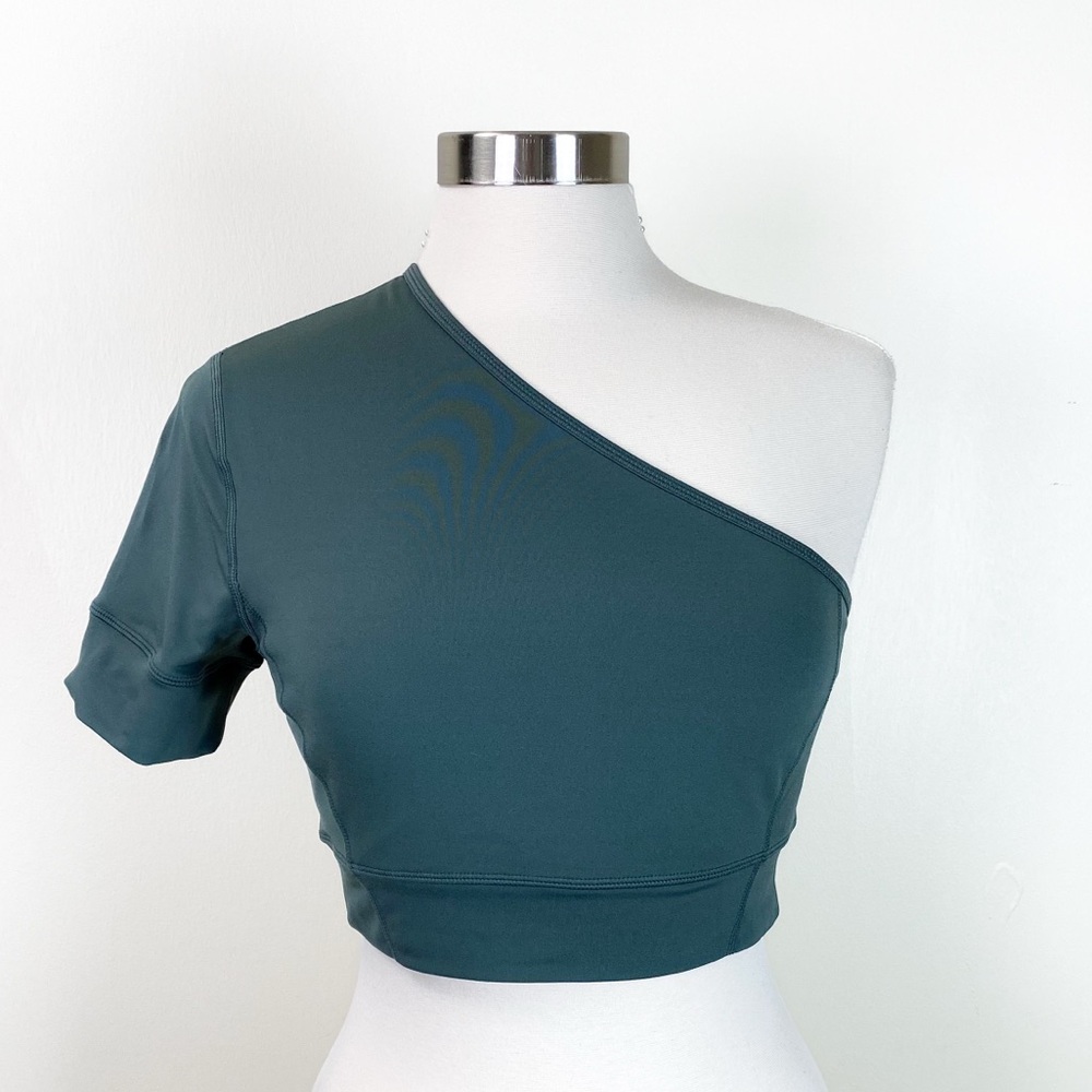 NEW Zella One Shoulder Cropped Short Sleeve Yoga Top | GREEN | Medium